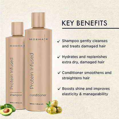 MOEHAIR Protein Infused Shampoo and Conditioner Set for Dry & Damaged Hair | Strengthens Hair Fiber | Sulfate & Paraben Free | Adds Shine, Softens & Hydrates Hair (12 Fl Oz)