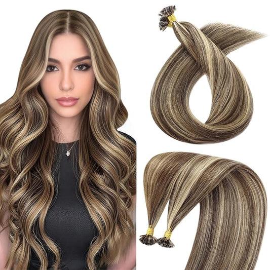 Sunny Hair Ktip Human Hair Extensions Fit Any Occasion K Tip Hair Extensions Real Human Hair Medium Brown Highlight Caramel Blonde Fusion Hair Extensions Soft Silky Keratin Tip 18inch 50g
