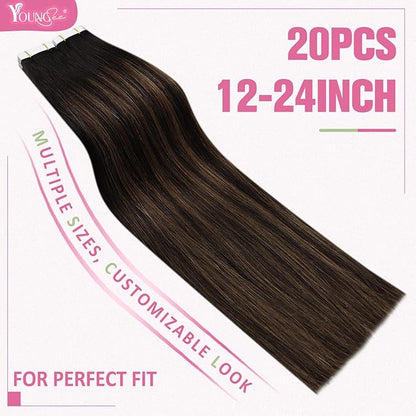 YoungSee Tape in Hair Extensions Real Human Hair Brown Balayage Hair Extension Tape in Ombre Dark Brown Roots to Brown Tape in Hair Extensions Human Hair 14In Tape On Hair Extensions Natural 20pcs 50g