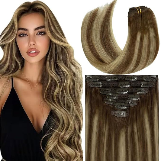 Loxxy Human Hair Extensions Clip ins Real Hair Clip in Extensions 18inch 120gram Thick Hair Extensions Omber Brown 4 to Highlights Caramel Blonde 26 Clip Extensions Human Hair Dark Roots