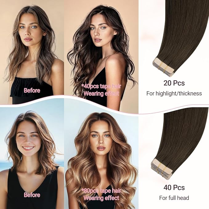 MAXITA Tape in Hair Extensions Real Human Hair, Caramel Brown 20pcs 16 Inch 50g Hair Extensions Tape in Extensions Straight Natural Invisible Tape ins