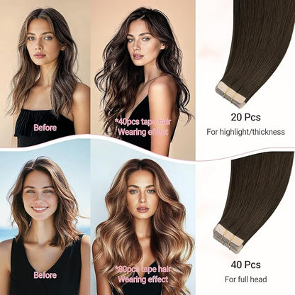 MAXITA Tape in Hair Extensions Real Human Hair, Caramel Brown 20pcs 16 Inch 50g Hair Extensions Tape in Extensions Straight Natural Invisible Tape ins