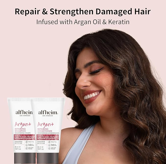 ALFHEIM Argan Repairing Shampoo & Conditioner Travel Set | Sulfate-Free&Paraben-Free | Argan Oil, Keratin & Niacinamide for Dry, Damaged, Color-Treated Hair | Hydrating, Strengthening & Anti-Frizz