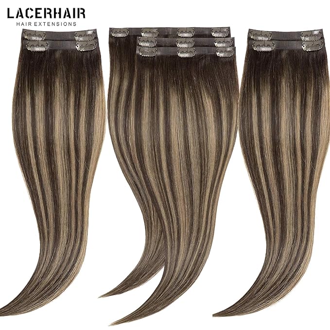 Seamless Clip in Hair Extensions Real Human Hair 7Pcs 18 Clips Chestnut Brown Mixed Dark Brown with Dark Brown Roots PU Weft Extensions Clip in Human Hair Natural Human Hair For Women 130g 18inch
