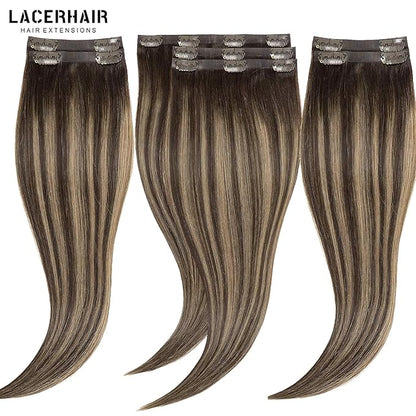 Seamless Clip in Hair Extensions Real Human Hair 7Pcs 18 Clips Chestnut Brown Mixed Dark Brown with Dark Brown Roots PU Weft Extensions Clip in Human Hair Natural Human Hair For Women 130g 18inch