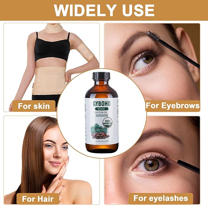 Castor Oil Organic Cold Pressed Unrefined Glass Bottle,Castor Oil Pack Wrap Organic Cotton for Stomach-Neck-Abdomen -Knee-Arm-Liver Detox.organic castor oil for Hair Growth -Face-Lashes & Eyebrows