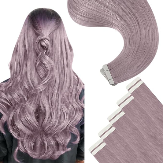 YoungSee Tape in Hair Extensions Human Hair Purple Hair Extensions Tape in Lavender Tape Remy Hair Extensions Human Hair 14In Light Purple Tape in Hair Extensions Colored Highlight 25g 10pcs