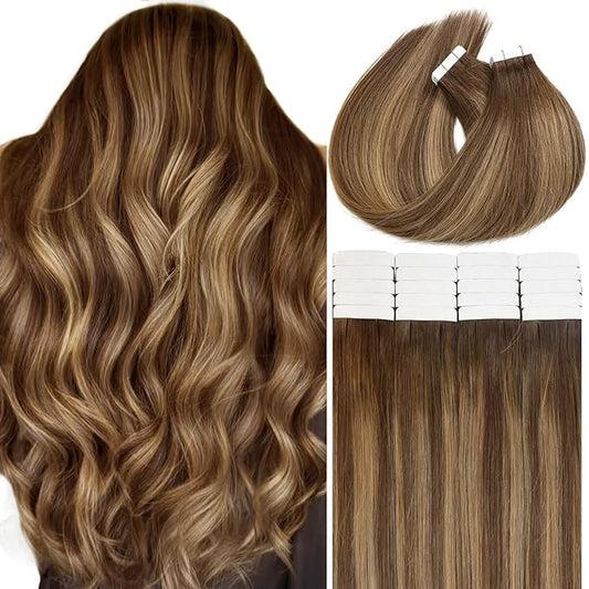 Anrosa Tape in Hair Extensions Double Sided Remy Tape in Hair Extensions Human Hair 14 Inch Silky Human Hair Tape in Extensions for Woman Medium Brown to Blonde with Medium Brown Roots 20pcs 50G