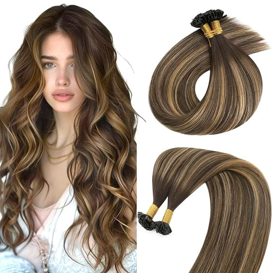 Sunny K Tip Hair Extensions Real Human Hair Balayage Brown with Caramel Blonde Ktip Human Hair Extensions for Women Keratin Hair Extensions Human Hair 14inch 50g