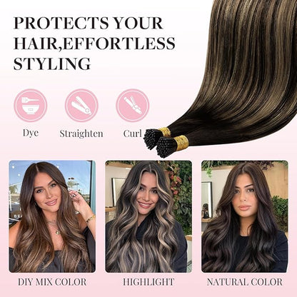 MAXITA I Tip Hair Extensions, 50g/100s, Dark Brown Mixed Chestnut Brown, 14 Inch Comfortable Wear, Invisible & Natural Cold Fusion, 100% Remy Human Hair Itip Keratin Extensions