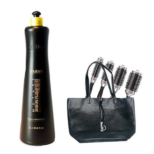 Mutari Professional Reductor Reconstructor Kit - Brazilian Keratin Straightening Treatment - Blowout Smoothing System With Pro Thermal 4 Brush And 1 Leather Bag - 33.8 fl oz
