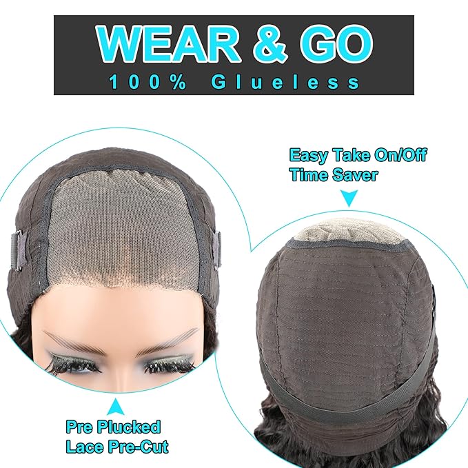BLY Glueless Wear and Go Lace Front Wigs Human Hair for Women Deep Wave Curly Wig No Glue Ready to Wear 4x4 Lace Pre Cut Wig Pre Plucked with Baby Hair 180% Density Natural Hairline 16 Inch
