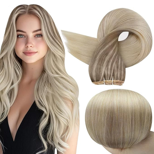 Full Shine Weft Hair Extensions Human Hair Straight Human Hair Bundles For Women Sew In Hair Extensions Color Ash Blonde To Butter Blonde Mix Platinum Blonde 12 Inch 80G