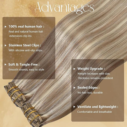 Blonde Human Hair Extensions Clip Ins 22 Inches 115g Light Brown Mixed Bleach Blonde Hair Clip in Extensions Real Human Hair Straight Silky #8/22/8 7pcs