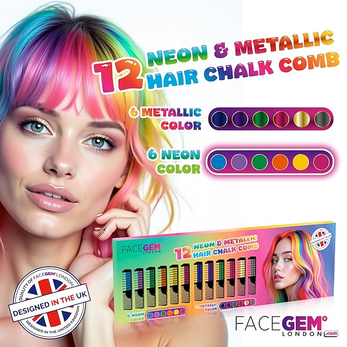 12 Hair chalks comb, 12 NEON & METALLIC hair chalk, Non-Toxic Easy Washable Hair Dye Colourful, METALLIC & NEON hair chalk -Perfect for Festivals, Halloween, Party, hair chalks for girls