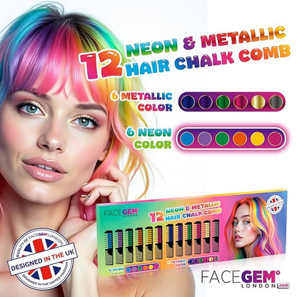 12 Hair chalks comb, 12 NEON & METALLIC hair chalk, Non-Toxic Easy Washable Hair Dye Colourful, METALLIC & NEON hair chalk -Perfect for Festivals, Halloween, Party, hair chalks for girls