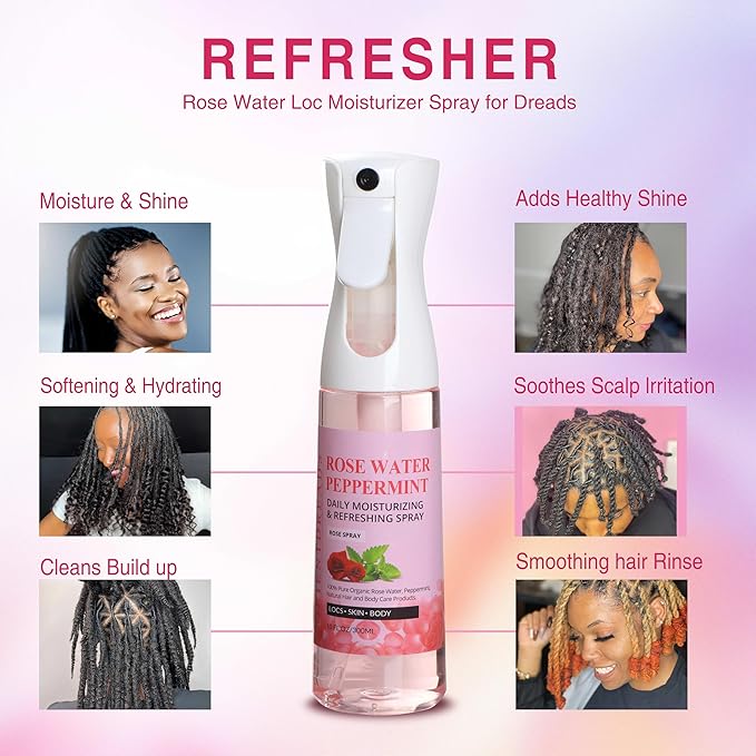 Rose Water and Peppermint Hair Scalp Moisturizing Spray with Castor Oil - For Natural Loc Care and Dreadlock Maintenance (10 oz)
