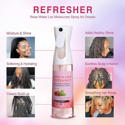 Rose Water and Peppermint Hair Scalp Moisturizing Spray with Castor Oil - For Natural Loc Care and Dreadlock Maintenance (10 oz)