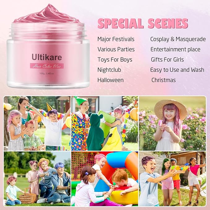 Ultikare Kids Hair Coloring Gel - Temporary Light Pink Hair Wax, Washable Hair Dye Cream, Natural Hair Paint for Hairstyling, Halloween, Cosplay, Parties, and Gifts - 3.4 Fl Oz