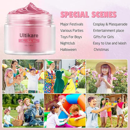 Ultikare Kids Hair Coloring Gel - Temporary Light Pink Hair Wax, Washable Hair Dye Cream, Natural Hair Paint for Hairstyling, Halloween, Cosplay, Parties, and Gifts - 3.4 Fl Oz