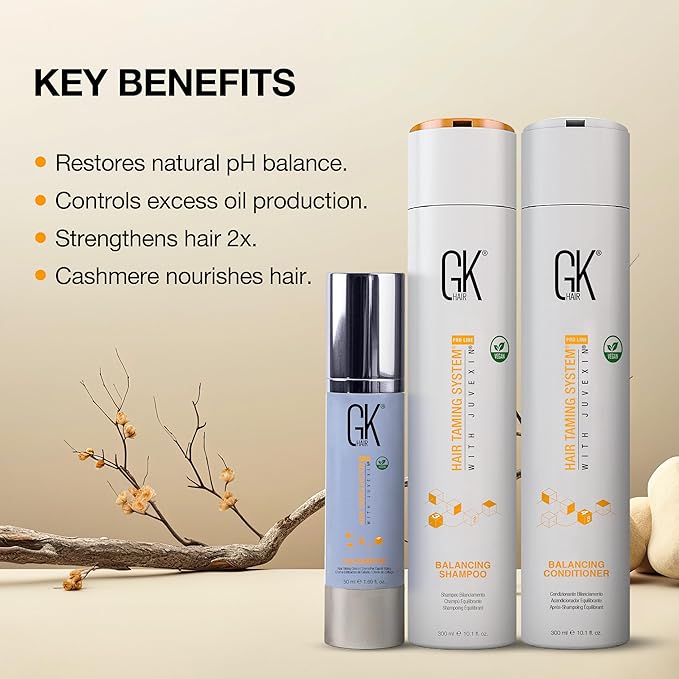 GK HAIR Global Keratin Balancing Shampoo and Conditioner Sets (10.1 Fl Oz/300ml) with Leave In Cashmere Smoothing and Styling Cream (1.69 Fl Oz/50ml) For Dry Damaged Frizzy Oily & Color Treated Hair
