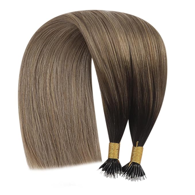 YoungSee Nano Tips Hair Extensions Brown Nano Beads Hair Extensions Real Human Hair Balayage Dark Brown with Blonde Hair Extensions Nano Rings Brown Nano Hair Extension Rings Cold Fusion 50s 50g 20in