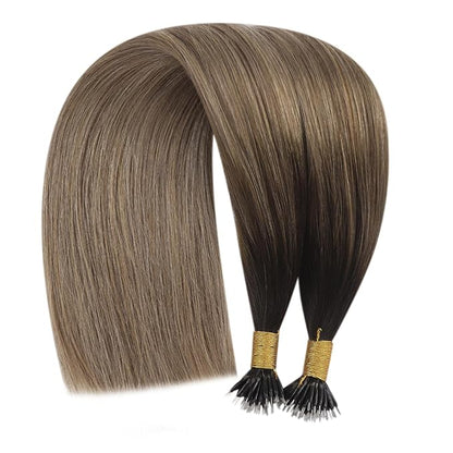 YoungSee Nano Tips Hair Extensions Brown Nano Beads Hair Extensions Real Human Hair Balayage Dark Brown with Blonde Hair Extensions Nano Rings Brown Nano Hair Extension Rings Cold Fusion 50s 50g 20in