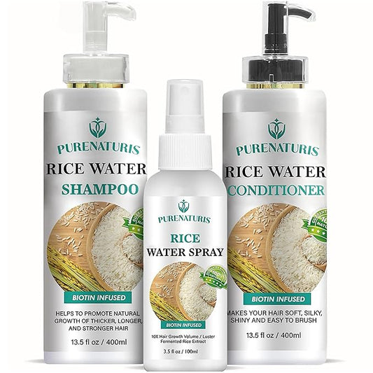 Rosemary Rice Water Shampoo Conditioner & leave-in Spray for Hair Growth Repair System Kit, w/Rosemary, Biotin, Caffeine, Sulfate Free Routine Shampoo for Women Men Hair Loss Thickening