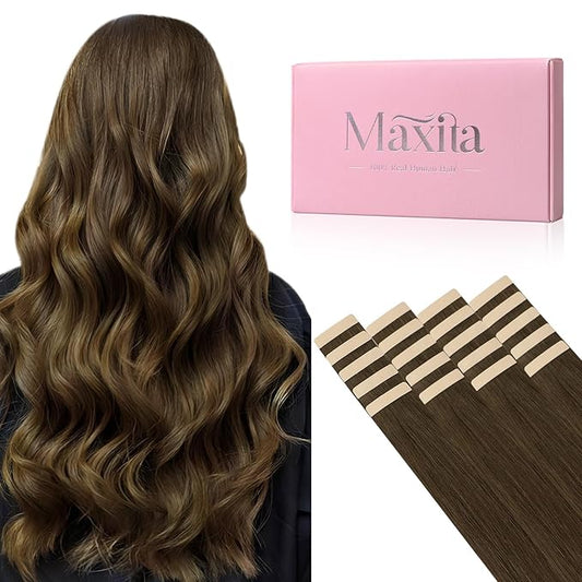 MAXITA Tape in Extensions, 20 Inch 20pcs 50g, Remy Human Hair Tape in Hair Extensions Real Human Hair, Honey Brown Straight Thick Ends Tape Ins Skin Weft Hair Extensions for Women