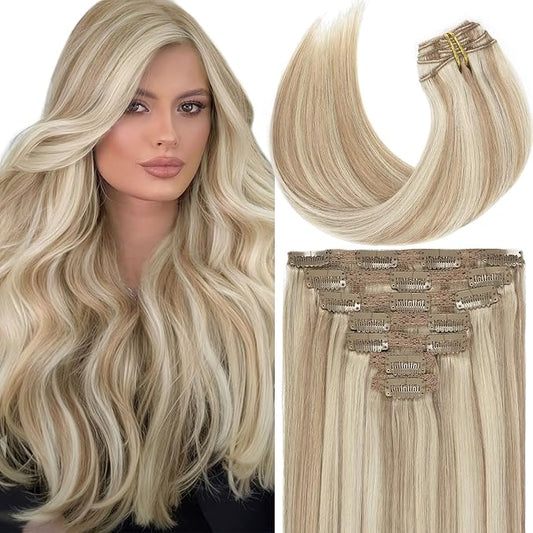 Loxxy Clip in Human Hair Extensions Omber Light Blonde Highlights Golden Blonde Straight Real Hair Extensions Clip ins 14Inch Lace Weft Hair Extensions 120g with 16Clips Hair P#18/613