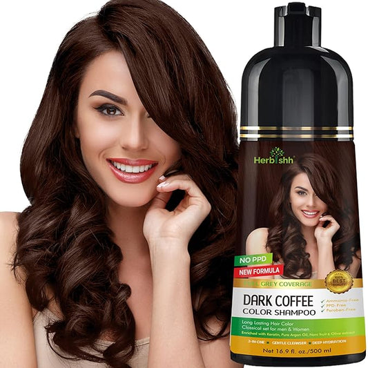 Herbishh Hair Color Shampoo for Gray Magic Dye Colors in Minutes Long Lasting 500ml 3-In-1 Color Ammonia-Free (Dark Coffee)