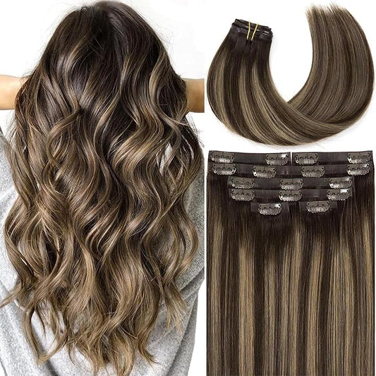 Lacer Hair Seamless Hair Extensions Clip in Human Hair Rooted Chestnut Brown Mixed Dark Brown with Dark Brown Roots R#2-2/6 Full Head Clip in Hair Extensions With PU Weft 20 Inch 110g 7pcs