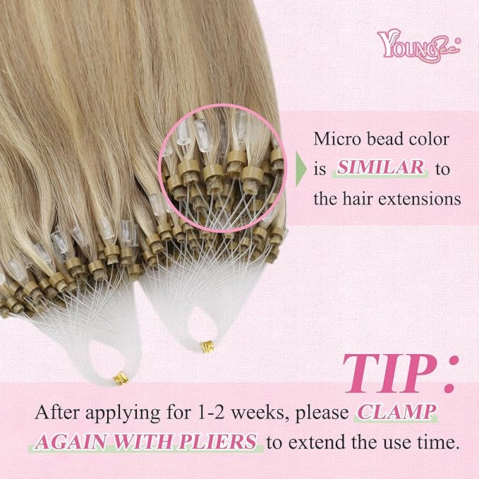 YoungSee Microlink Hair Extensions Human Hair Golden Blonde Mix Blonde Highlight Micro Bead Hair Extensions Real Human Hair for Women 22In 50g 50s Bead Hair Extension Long Lasting Hair Extension