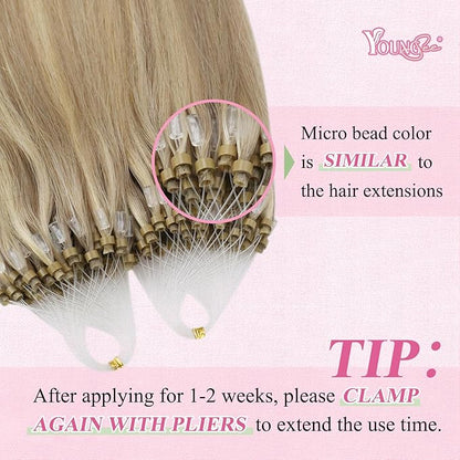 YoungSee Microlink Hair Extensions Human Hair Golden Blonde Mix Blonde Highlight Micro Bead Hair Extensions Real Human Hair for Women 22In 50g 50s Bead Hair Extension Long Lasting Hair Extension