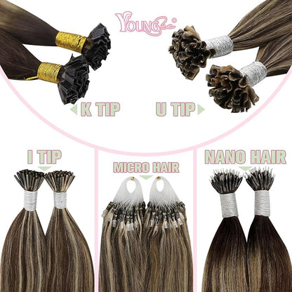 YoungSee Ktip Human Hair Extensions Balayage Brown with Caramel Blonde K Tip Hair Extensions Remy Hair Balayage K Tip Hair Extensions Ombrebrown 18In K Tips Hair Extensions Real Human Hair 50S/50G