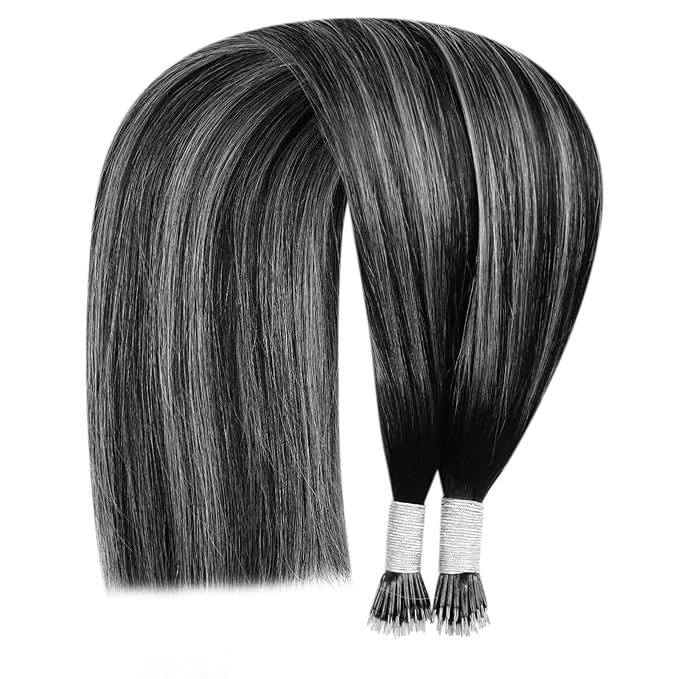 YoungSee Nano Loop Hair Extensions Black Ombre Nano Hair Extensions Real Hair Ombre Black to Silver Nano Bead Hair Extensions Human Hair Silver Human Hair Nano Ring Extensions Black 1g/s 50g 20inch