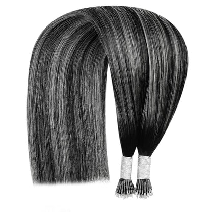 YoungSee Nano Loop Hair Extensions Black Ombre Nano Hair Extensions Real Hair Ombre Black to Silver Nano Bead Hair Extensions Human Hair Silver Human Hair Nano Ring Extensions Black 1g/s 50g 20inch