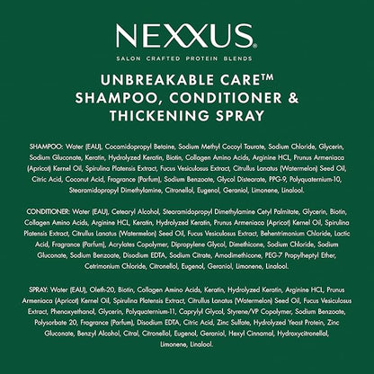 Nexxus Unbreakable Care Shampoo, Conditioner, and Leave-In Spray 3 Pack For Fine and Thin Hair with Keratin, Collagen, Biotin