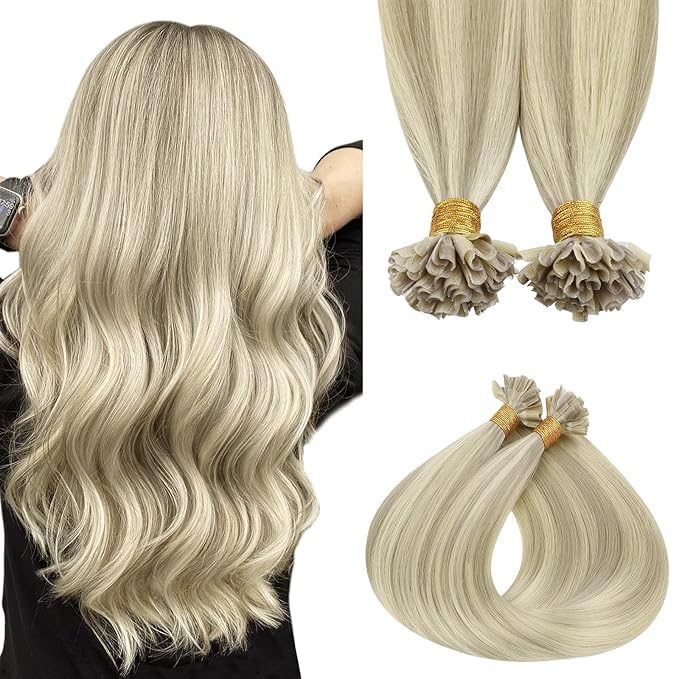 MAXITA U Tip Hair Extensions Human Hair, Ash Blonde Highlighted Platinum Blonde Hair Extensions Real Human Hair, 50g/50 Strands/Pack, 18 In Virgin Human Hair