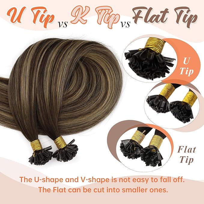 Sunny Hair U Tip Hair Extensions Human Hair 16inch Ktip Human Hair Extensions Dark Brown Balayage Blonde Utip Hair Extensions Human Hair for Party 50g