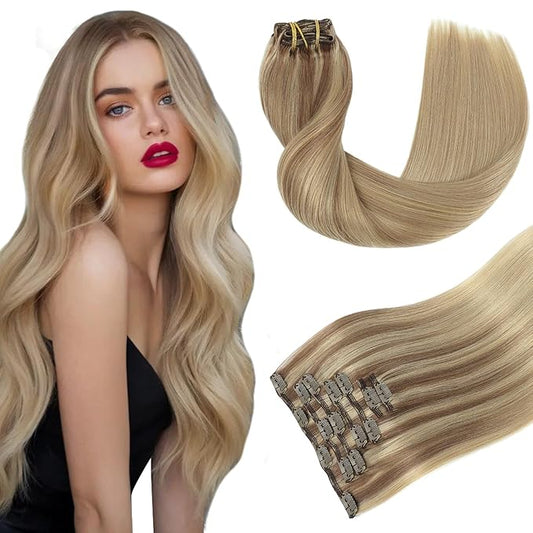 Youngsmile Human Hair Clip in Extensions, Clip in Hair Extensions Human Hair, Double Weft, Balayage Ash Brown to Caramel Blonde, Thick End, 18 Inch 120 Gram 7Pcs (CLIP#10/27/27-18Inch)