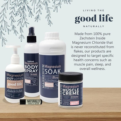 Magnesium Bundle - Magnesium Soak, Body Lotion, Muscle Cream and Topical Body Spray with a Vanilla Bean Lip Balm, Organic, Natural, Pure (BOTTLE COLOR MAY VARY)