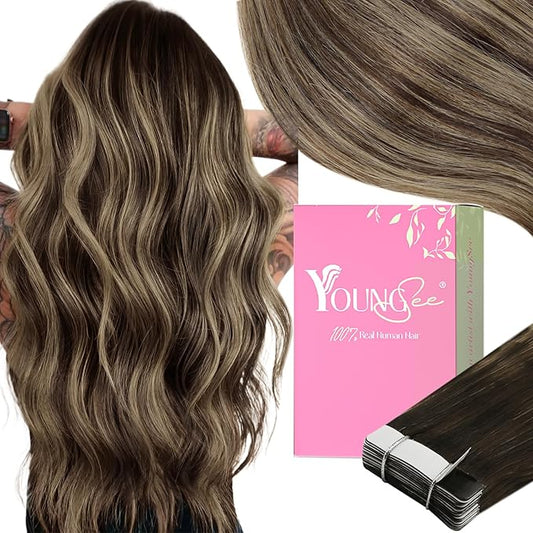 YoungSee Tape in Hair Extensions Real Human Hair Brown Balayage Tape Hair Extensions Real Human Hair Ombre Dark Brown to Caramel Blonde Real Hair Tape in Extensions Human Hair Seamless 14In 20pcs 50g