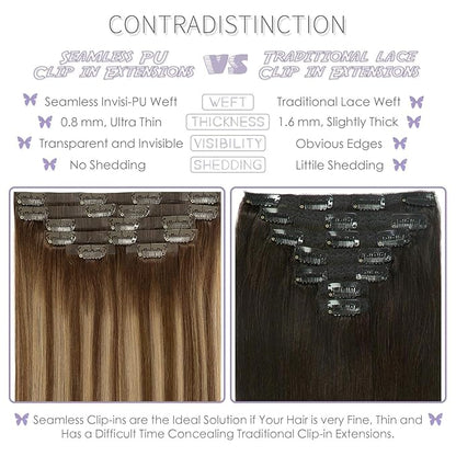 LacerHair PU Clip in Hair Extensions Remy Human Hair Chocolate Brown to Caramel Blonde with Brown Roots 22 Inch Thick Remy Glam Seamless Light Hair Extensions with Skin-Weft Technology 110g 7pcs