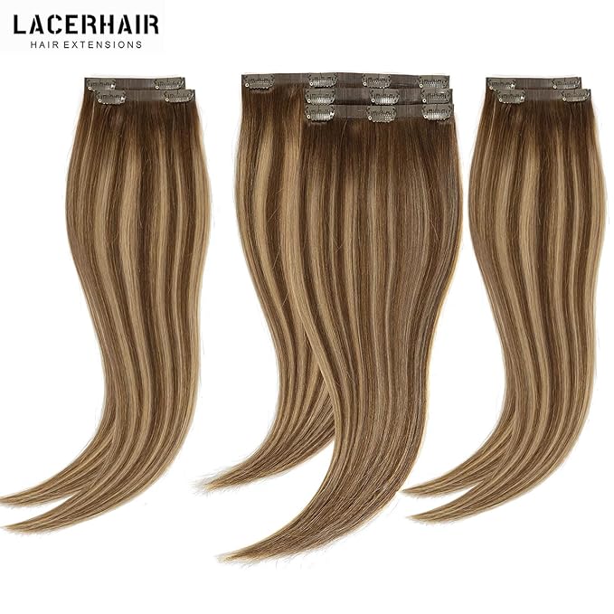 Lacer Seamless Clip in Hair Extensions 7Pcs 130g Clip in Hair Extensions Real Human Hair Chocolate Brown to Caramel Blonde With Brown Roots 18 Clips Invisible PU Skin Weft 16inch For Women