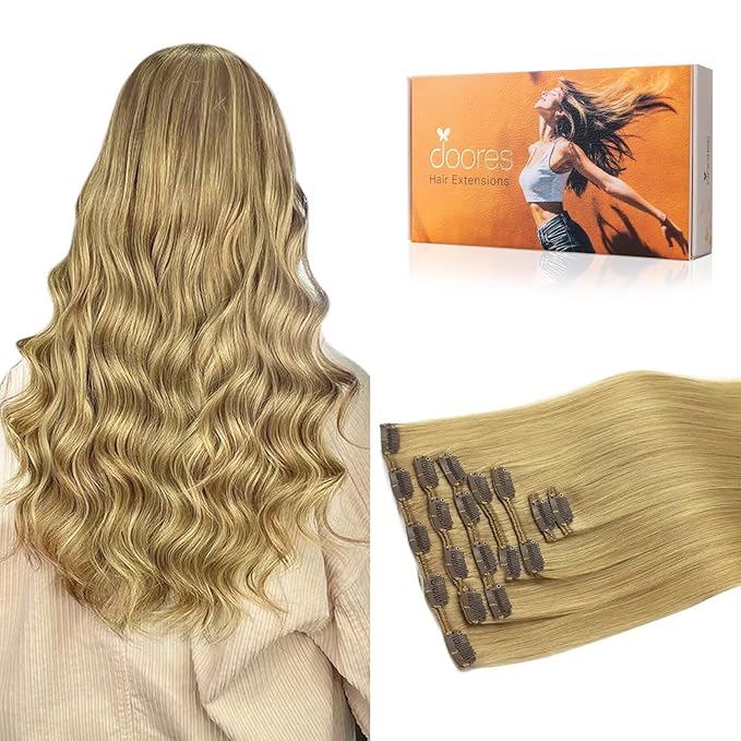 DOORES Hair Extensions Real Human Hair, Dirty Blonde 18 Inch 7pcs 120g, Clip in Human Hair Extensions Remy Hair Extensions Silky Straight Clip in Extensions Human Hair Natural Thick