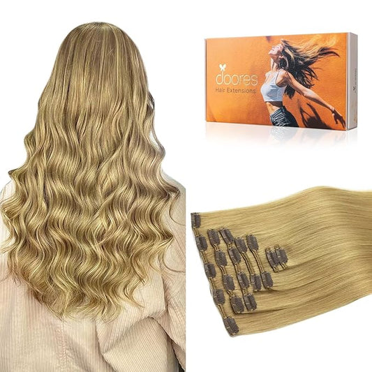 DOORES Hair Extensions Real Human Hair, Dirty Blonde 18 Inch 7pcs 120g, Clip in Human Hair Extensions Remy Hair Extensions Silky Straight Clip in Extensions Human Hair Natural Thick