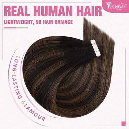 YoungSee Tape in Hair Extensions Real Human Hair Brown Tape Hair Extensions Balayage Dark Brown with Medium Brown Tapein Hair Extensions Real Human Hair Long Hair Extensions 24In 20pcs 50g