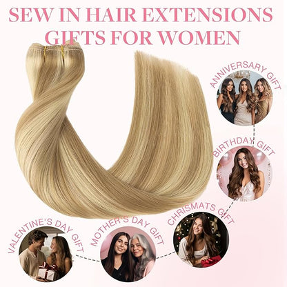 GOO GOO Sew in Hair Extensions Real Human Hair, Weft Hair Extensions Human Hair, 16/22 Light Blonde Highlighted Golden Blonde 18inch 100g, Weft Bundles Straight Silky Remy Hair