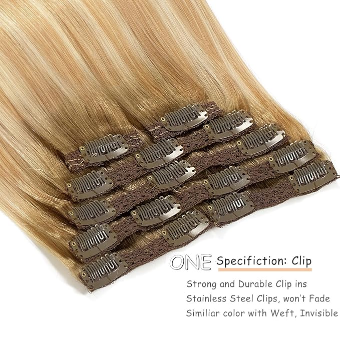Caliee 20 Inch Clip in Hair Extenisons Human Hair Double Weft Invisible Balayage Hair Extensions Human Hair Light Golden Brown and Platinum with Ash Brown Roots Silky Straight Full Head 140 G